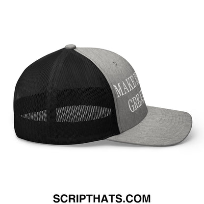 Gray and black mesh trucker hat with white embroidered make it great text on the front panel for recession theme