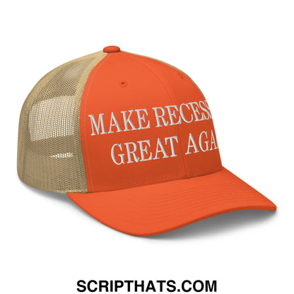 Orange and tan embroidered mesh trucker hat with white text reading make recession great again
