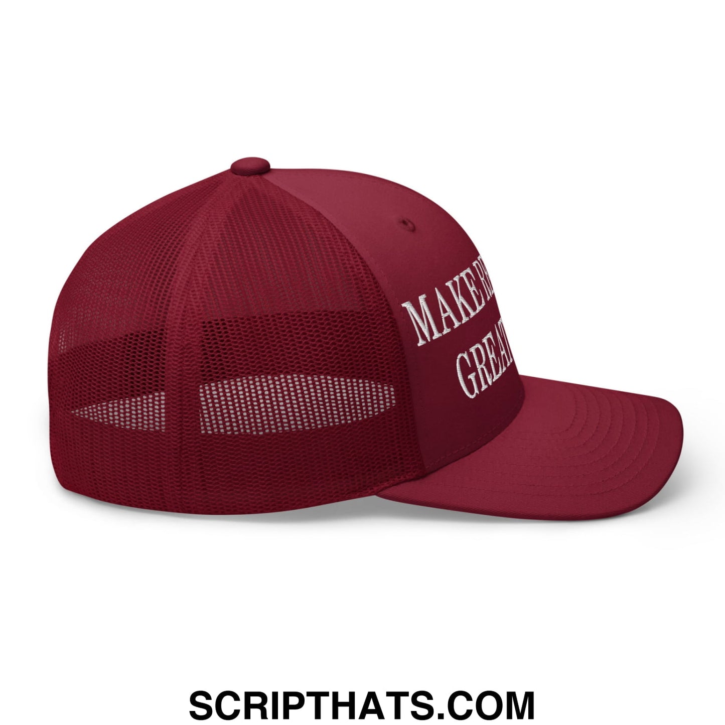 Maroon embroidered mesh trucker hat with white make america great again text on front panel for recession theme