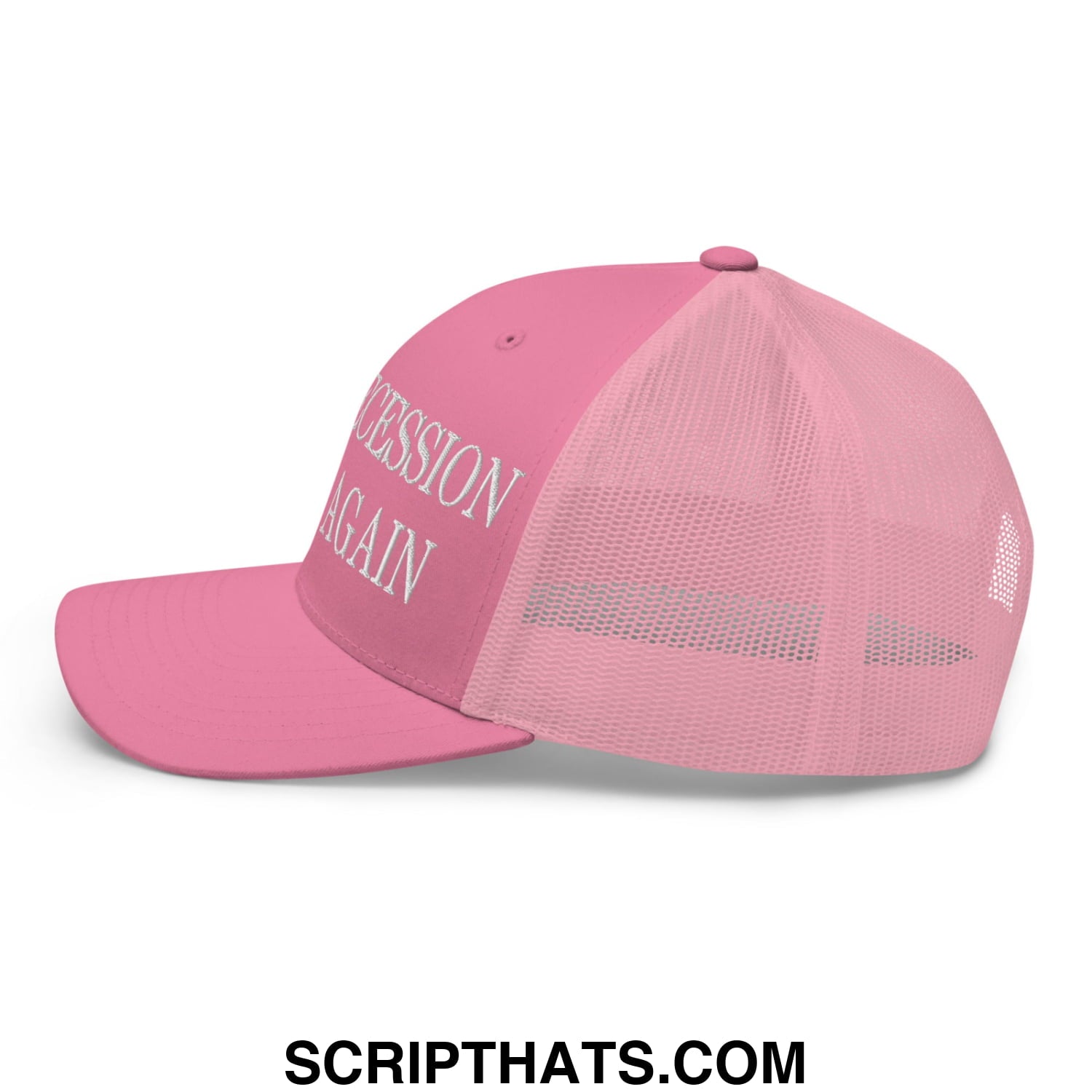 Pink mesh trucker hat with white embroidered succession again text from make recession great again collection