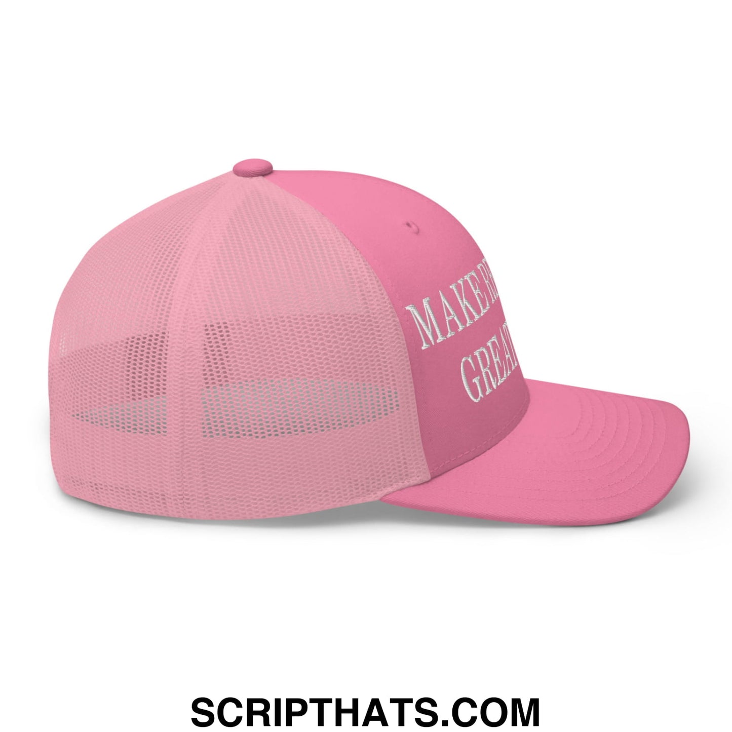 Pink mesh trucker hat with white embroidered make it great text front panel from make recession great again collection