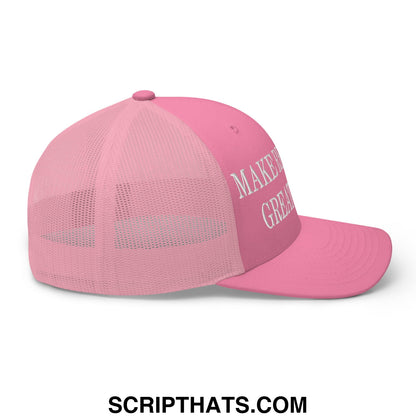 Pink mesh trucker hat with white embroidered make it great text front panel from make recession great again collection