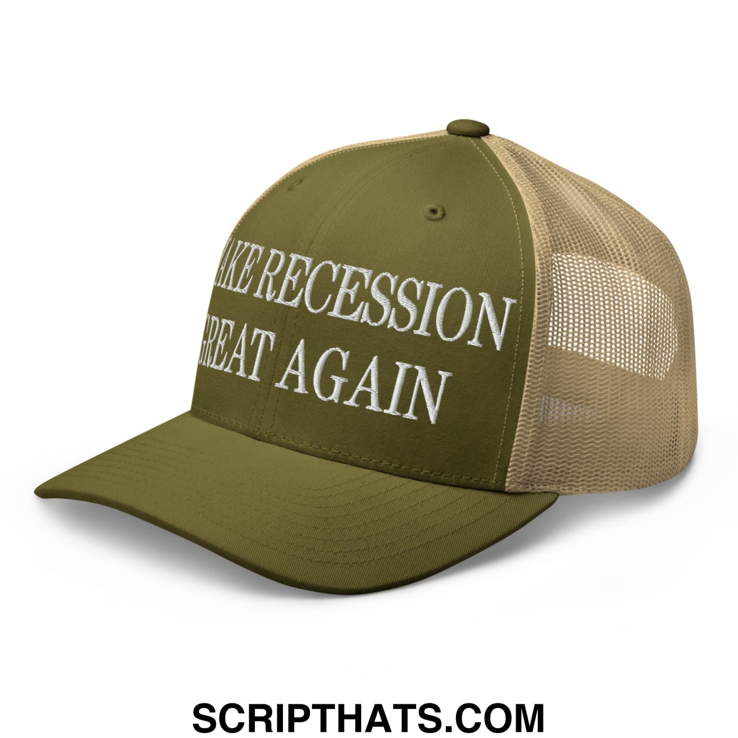 Olive green and tan mesh trucker hat with white embroidered make recession great again text on front panel