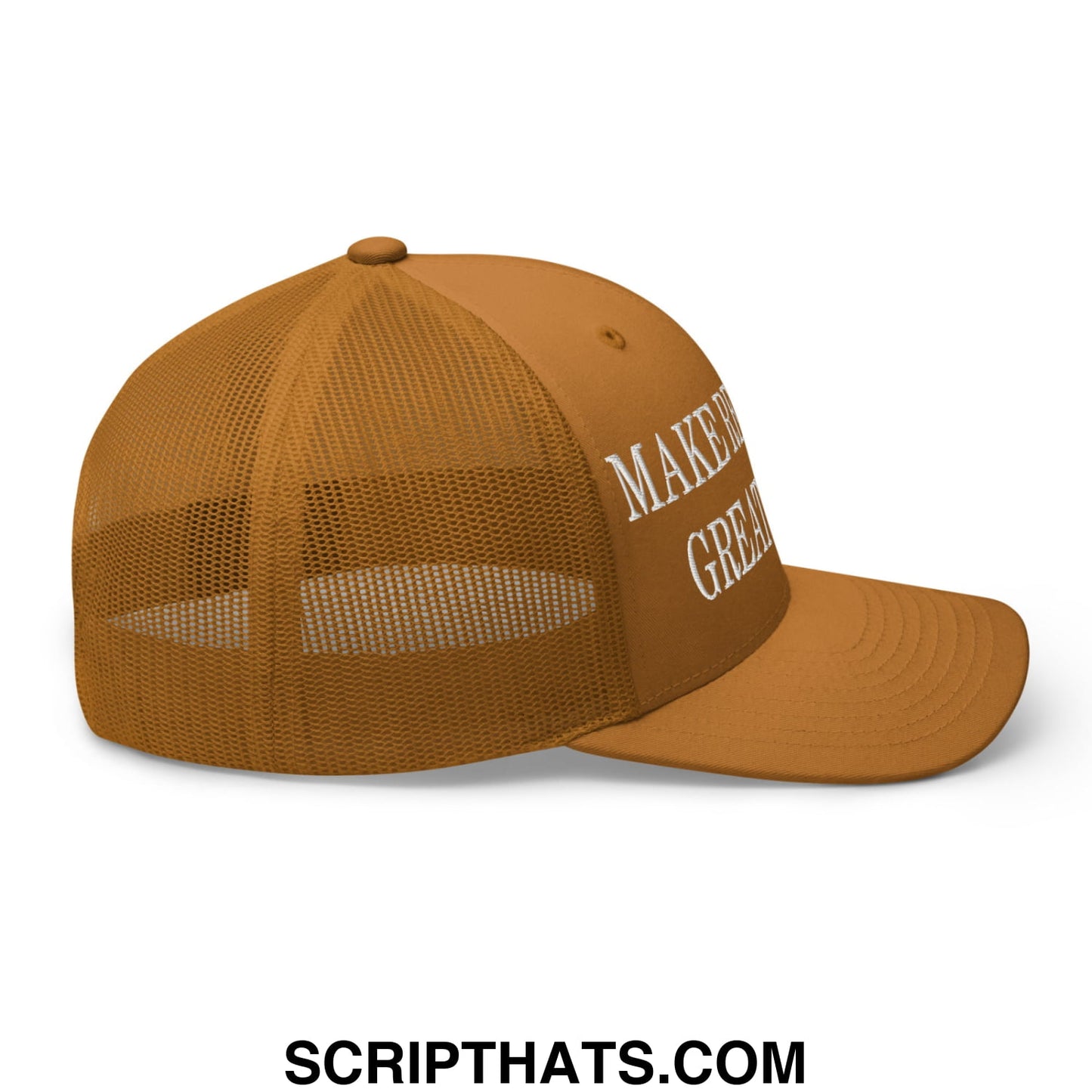 Tan mesh trucker hat with white embroidered make america great again text front panel, make recession great again style