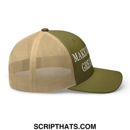 Olive green and tan mesh trucker hat with white embroidered make america great again text on front panel