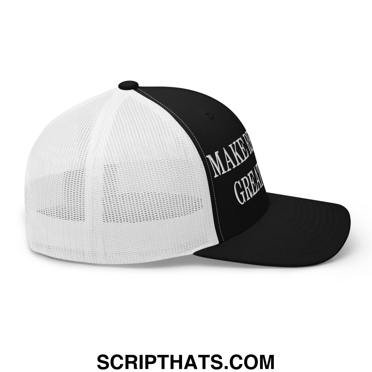 Black and white mesh trucker hat with make america great again embroidered in white script on front panel