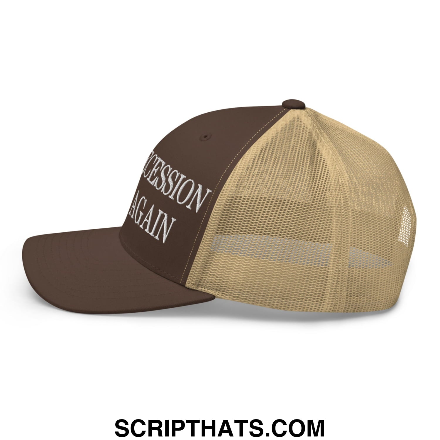 Brown and tan mesh trucker hat with white embroidered text succession again from make recession great again collection