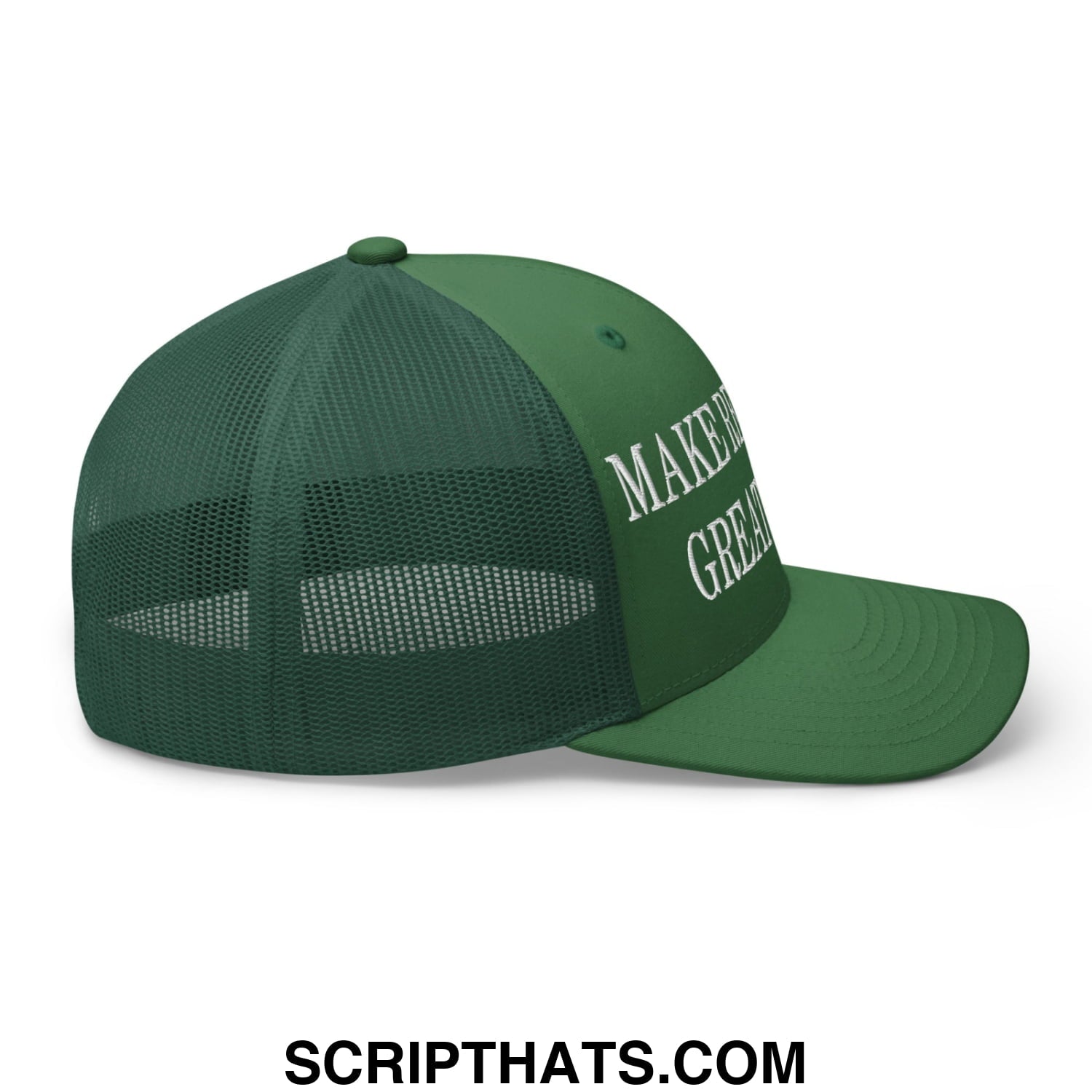 Dark green mesh trucker hat with white embroidered make america great again text on the front panel