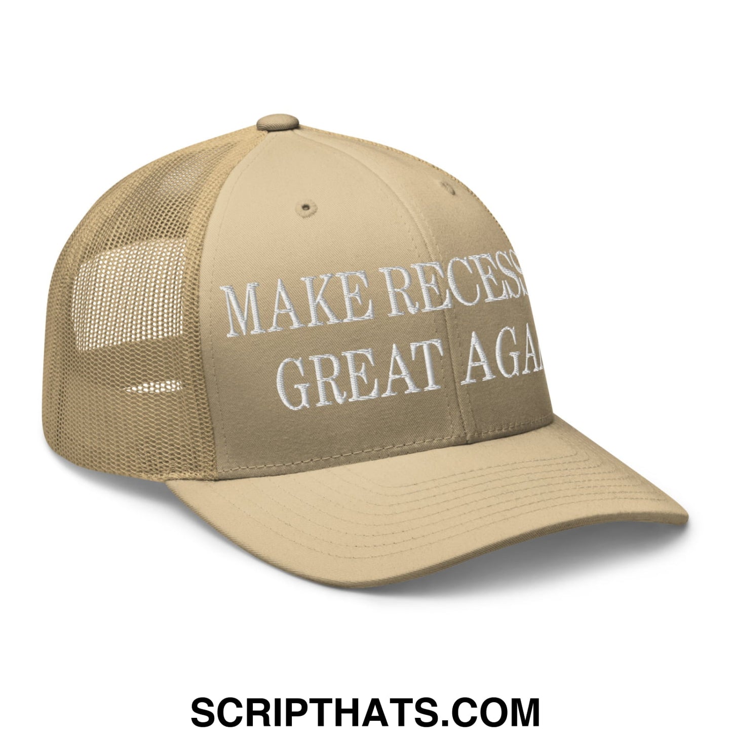 Beige mesh trucker hat with white embroidered text make recess great again on front panels