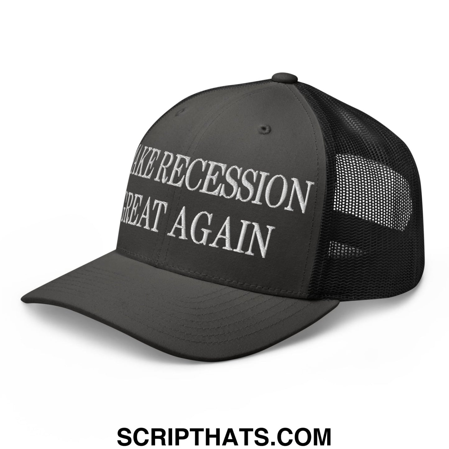 Black mesh trucker hat with white embroidered make recession great again text on front panels