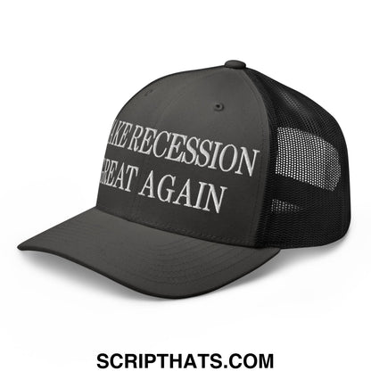 Black mesh trucker hat with white embroidered make recession great again text on front panels