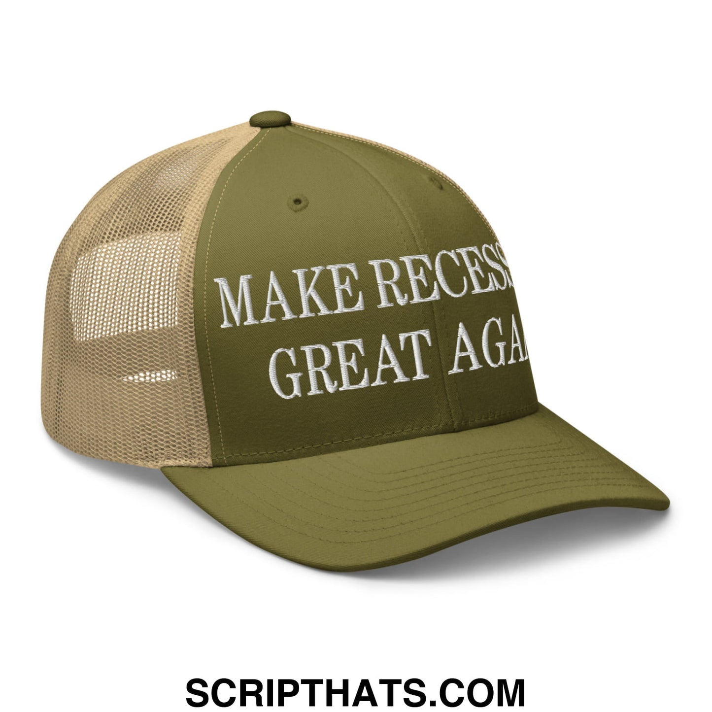 Olive green and tan mesh trucker hat with white embroidered make recess great again text in a casual style