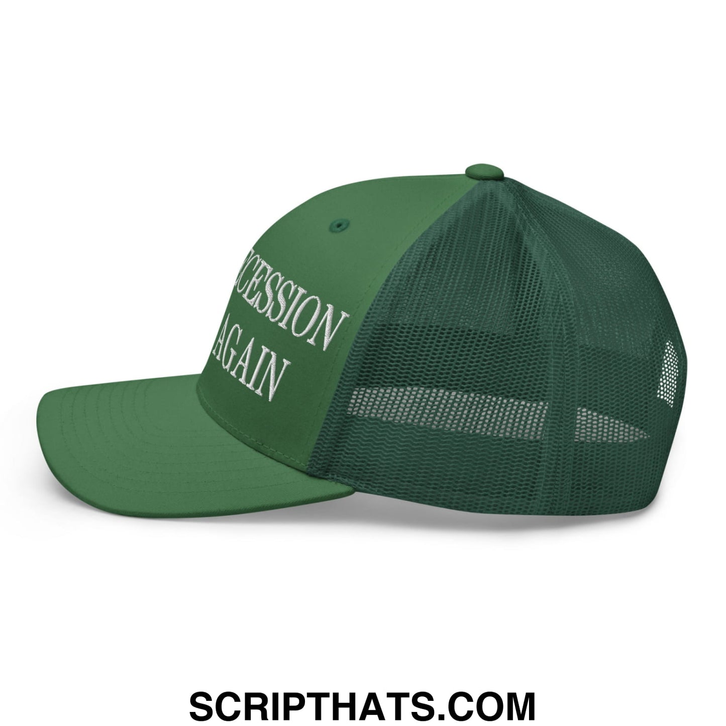 Dark green mesh trucker hat with white embroidered succession again text front panel make recession great again design