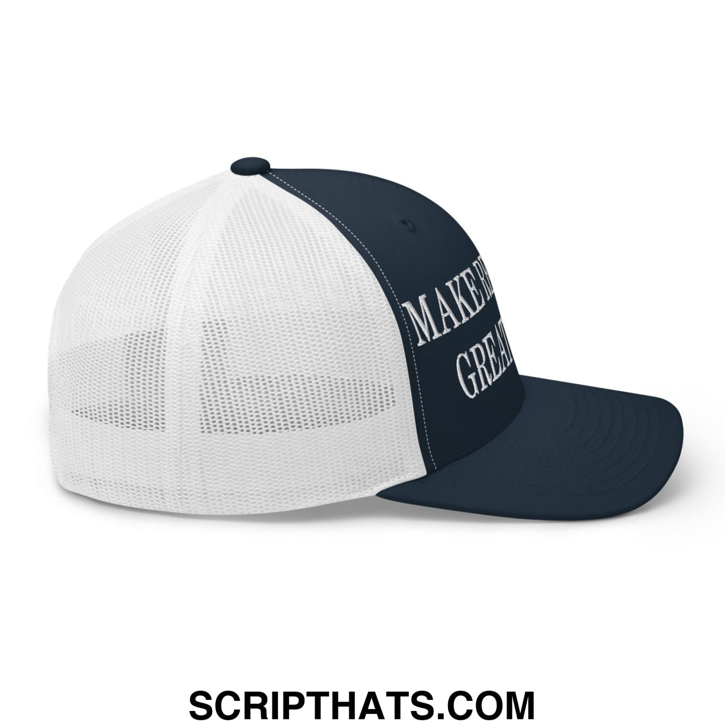 A navy blue and white mesh trucker hat embroidered with make america great again in white script on front panel