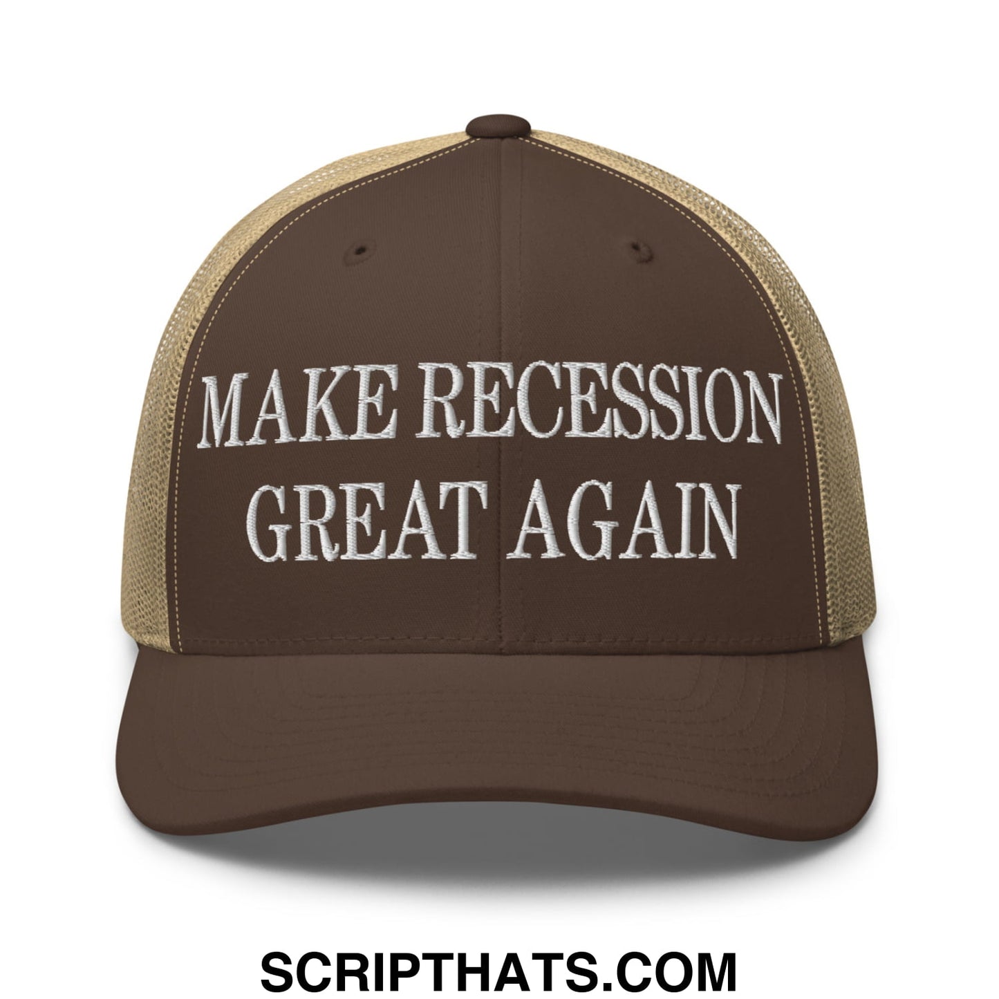 Brown and tan mesh trucker hat with white embroidered make recession great again text on the front