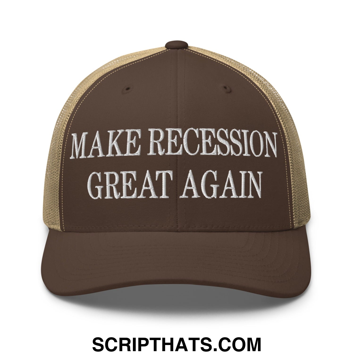 Brown and tan mesh trucker hat with white embroidered make recession great again text on the front