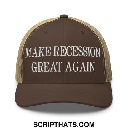 Brown and tan mesh trucker hat with white embroidered make recession great again text on the front