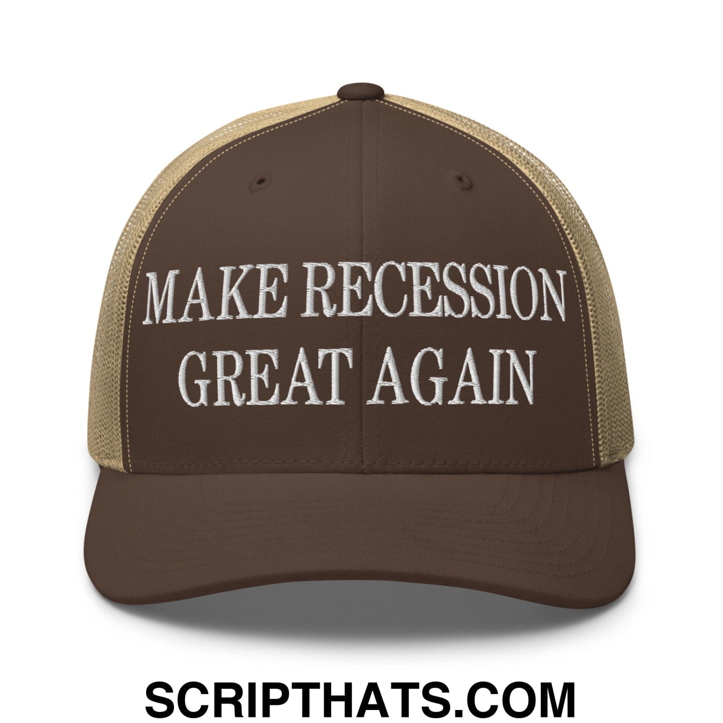 Make Recession Great Again Embroidered Mesh Trucker Hat Brown Khaki