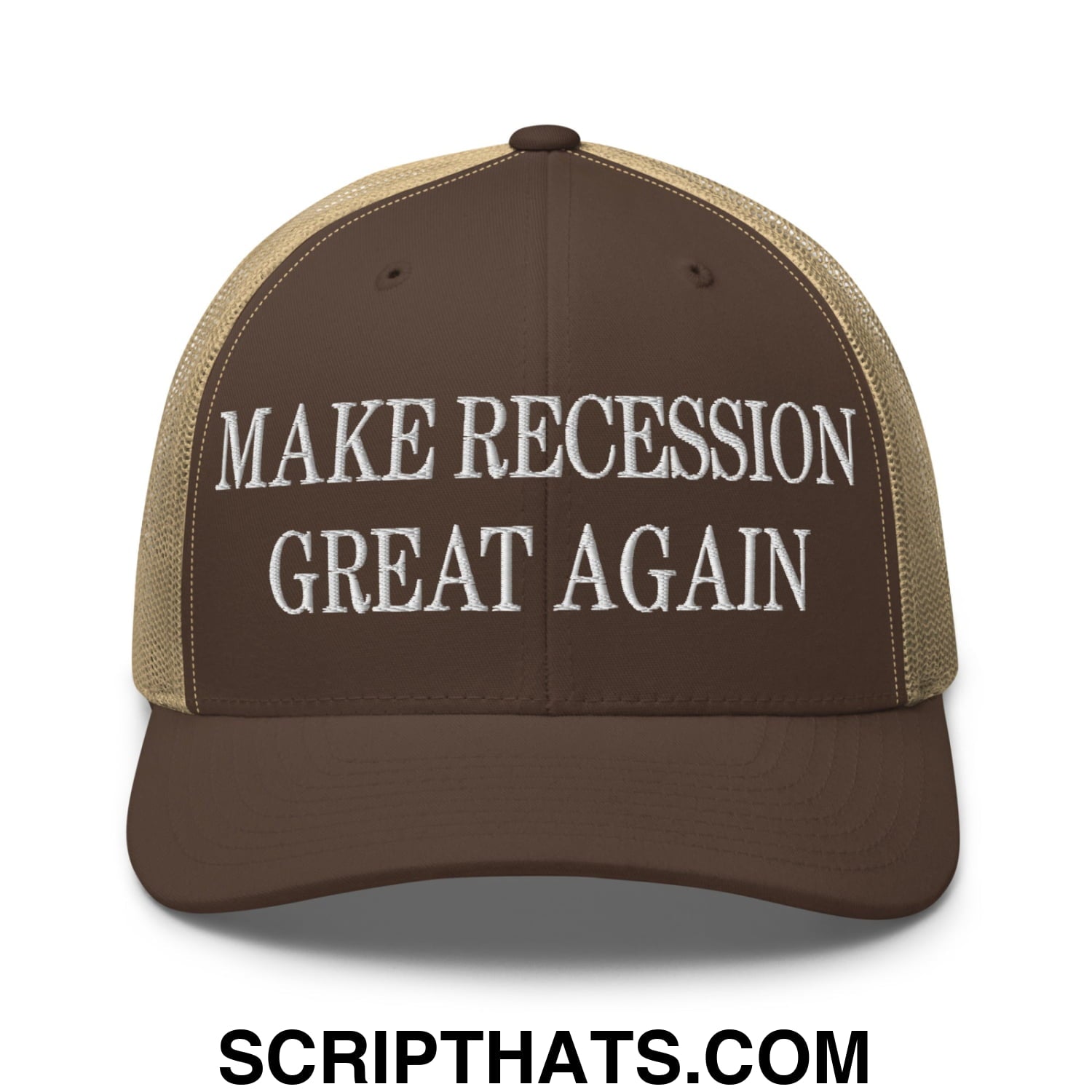 Make Recession Great Again Embroidered Mesh Trucker Hat Brown Khaki