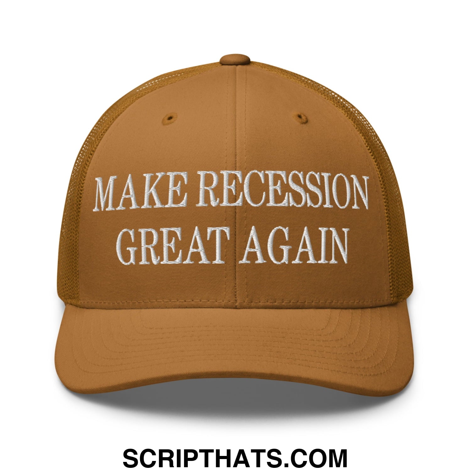 Tan mesh trucker hat with white embroidered make recession great again text on the front panel