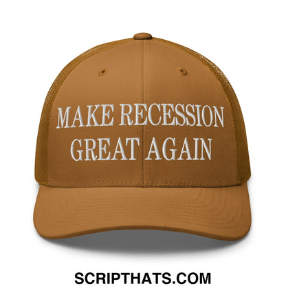 Tan mesh trucker hat with white embroidered make recession great again text on the front panel
