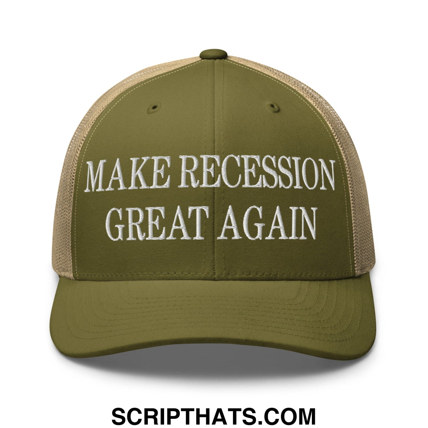 Olive green and tan mesh trucker hat with white embroidered text reading make recession great again