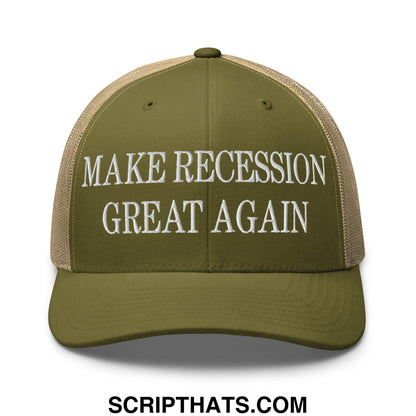 Olive green and tan mesh trucker hat with white embroidered text reading make recession great again