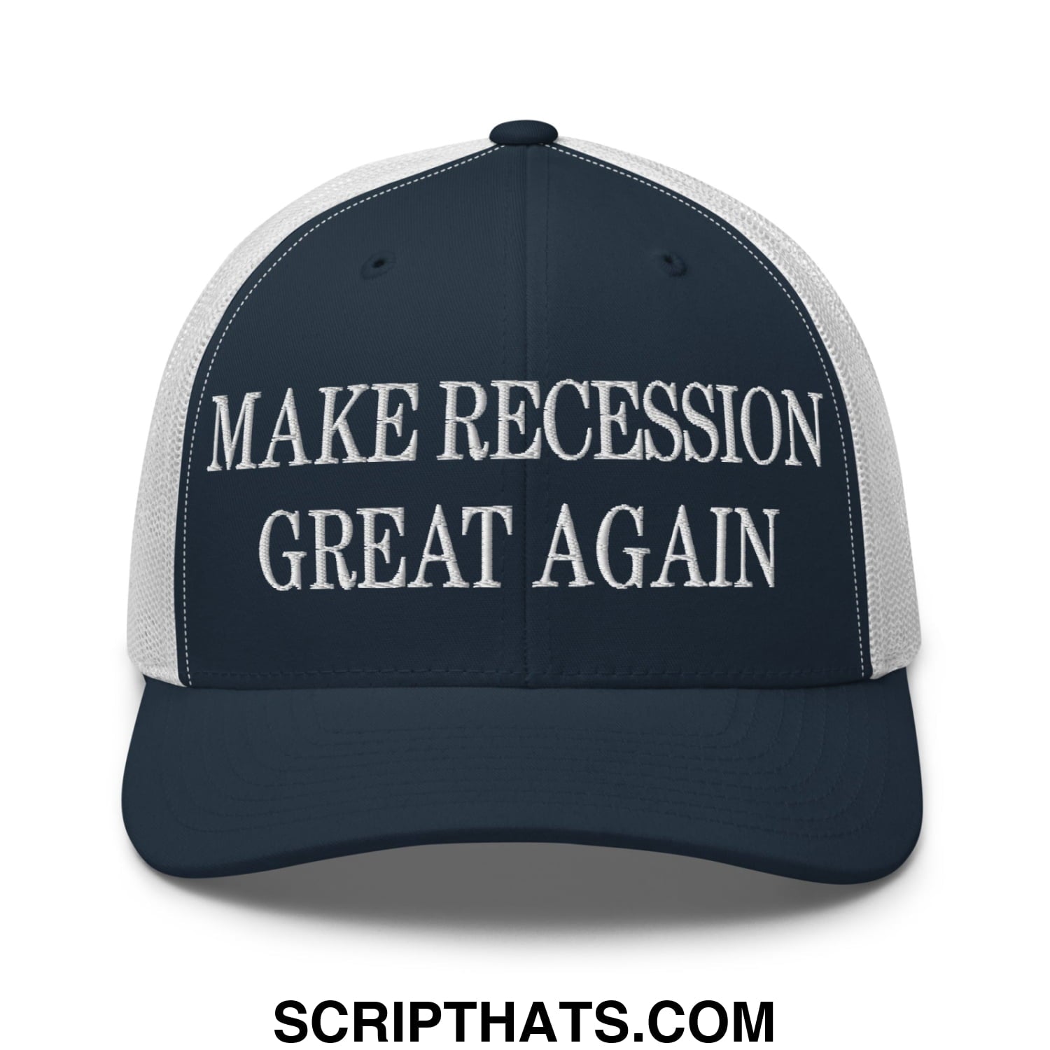 Navy blue and white mesh trucker hat with embroidered make recession great again text on front panel