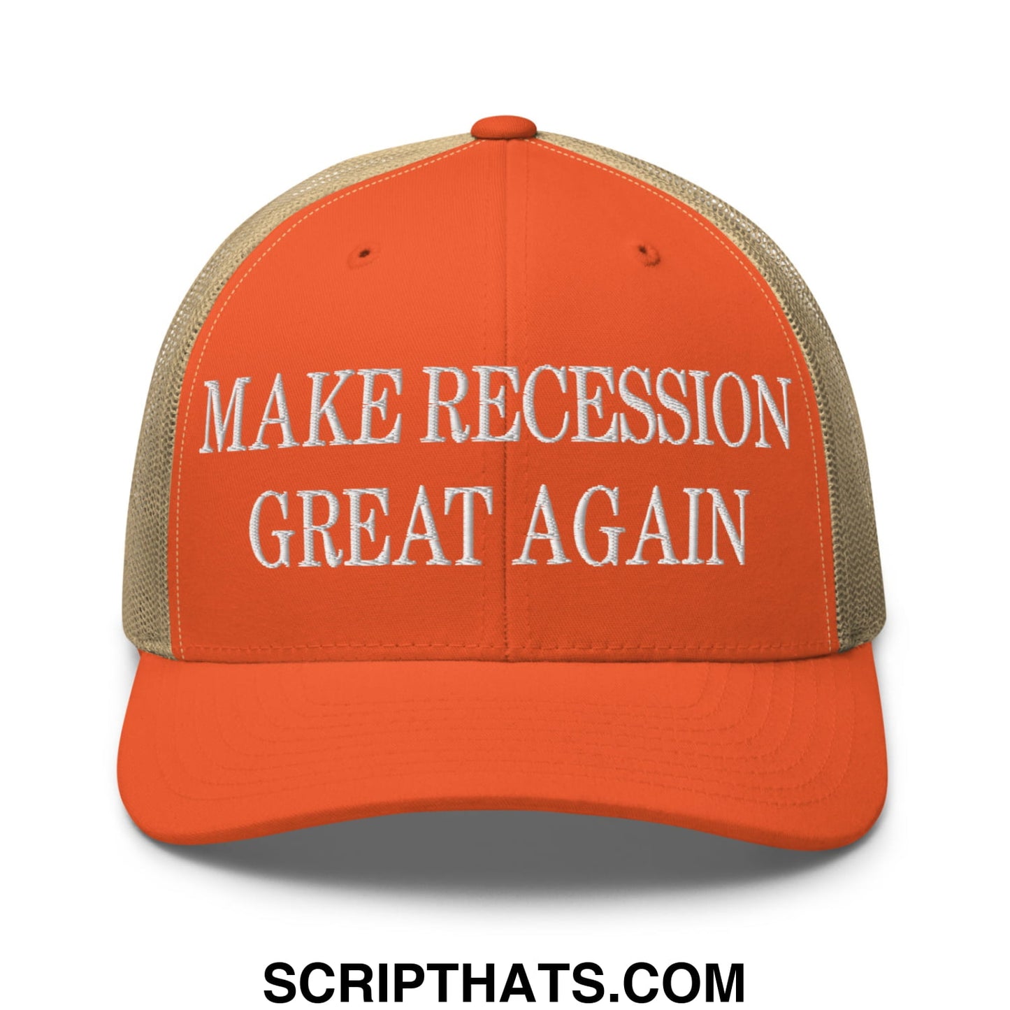 Orange and beige mesh trucker hat with white embroidered text reading make recession great again
