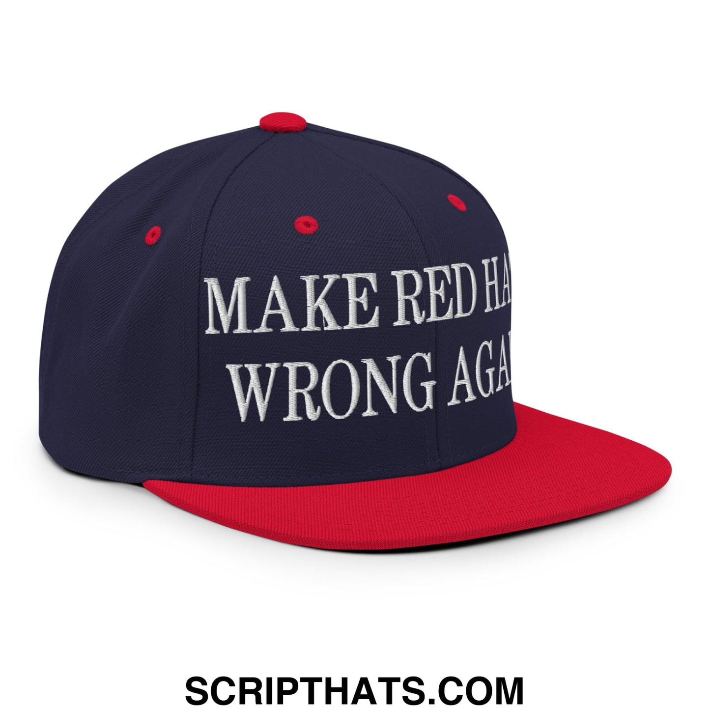 Navy blue and red snapback flat bill brim hat with white embroidered make red hats wrong again text