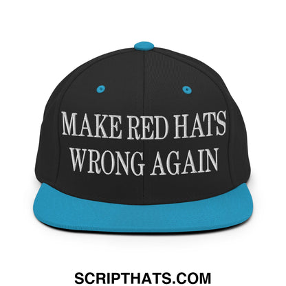 Black snapback cap with teal brim and button featuring white embroidered text make red hats wrong again