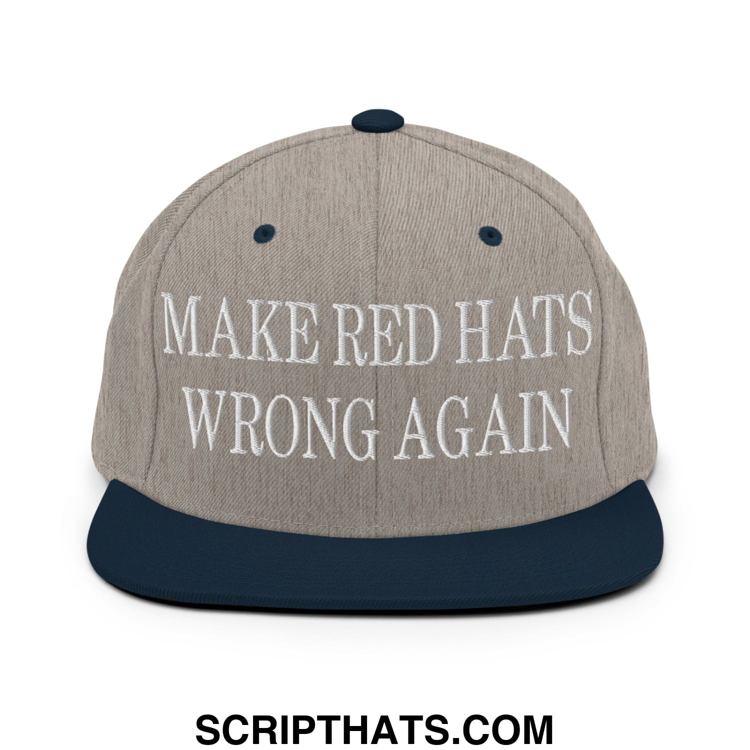 Make red hats wrong again embroidered flat bill snapback hat in gray and navy blue with white text