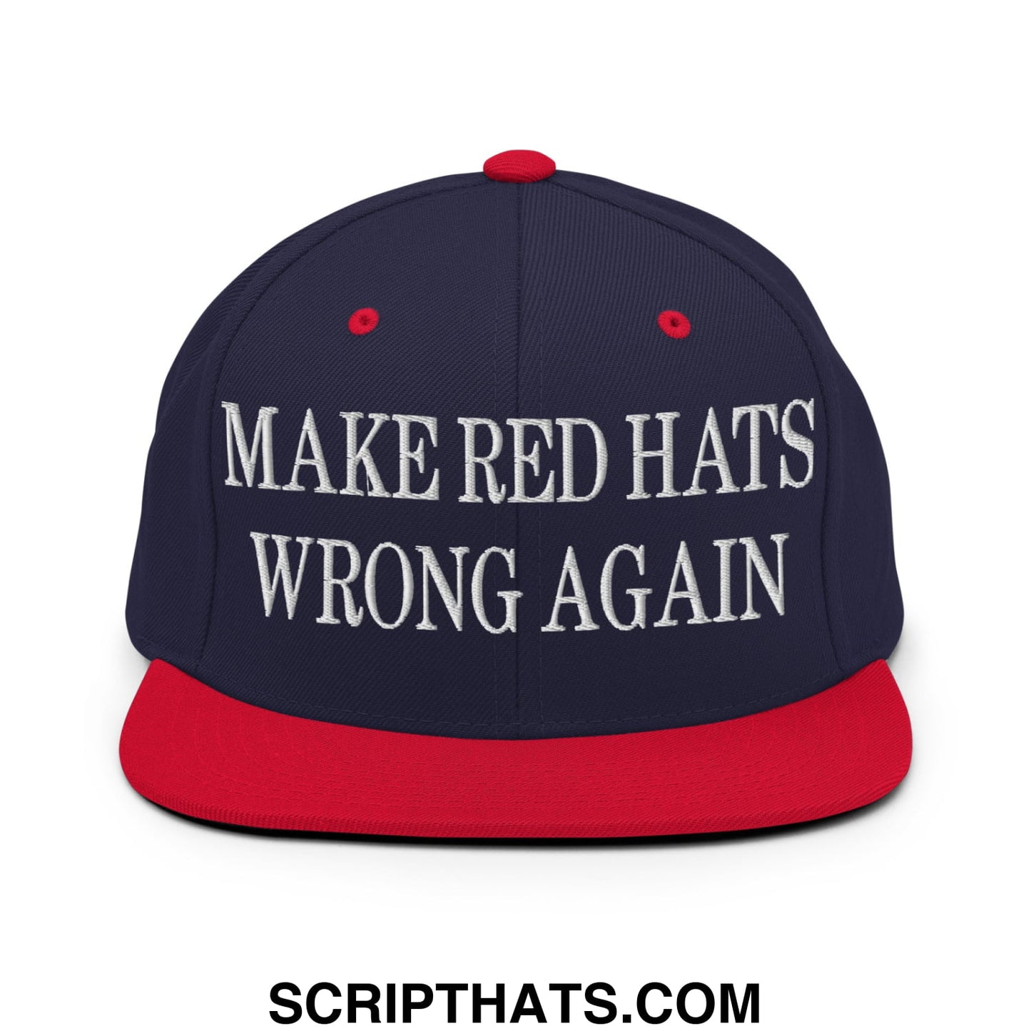 Navy blue snapback cap with red flat bill brim and white embroidered make red hats wrong again text