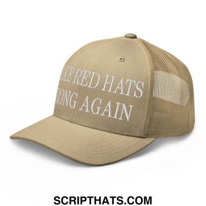 Tan mesh trucker hat with white embroidered make red hats wrong again text on front panels