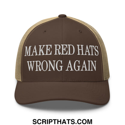 Brown and tan mesh trucker hat with white embroidered text make red hats wrong again for casual wear
