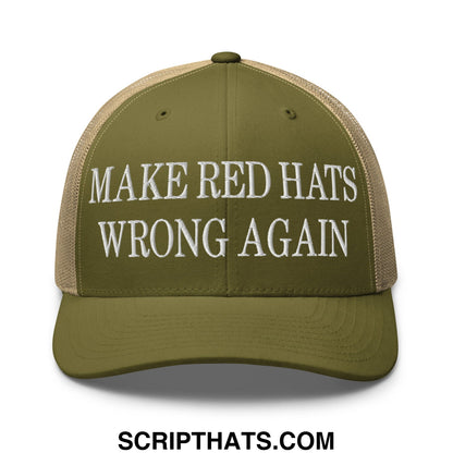 Olive green and beige mesh trucker hat with white embroidered make red hats wrong again text front view