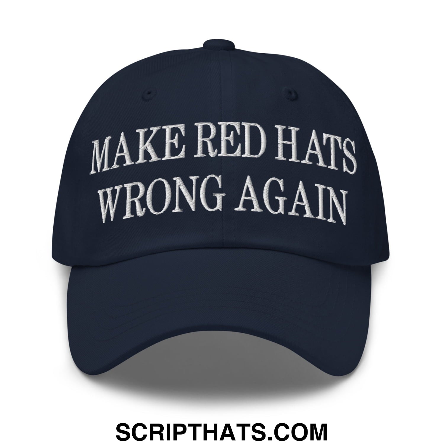 Navy blue embroidered unstructured dad hat with white text make red hats wrong again for casual wear