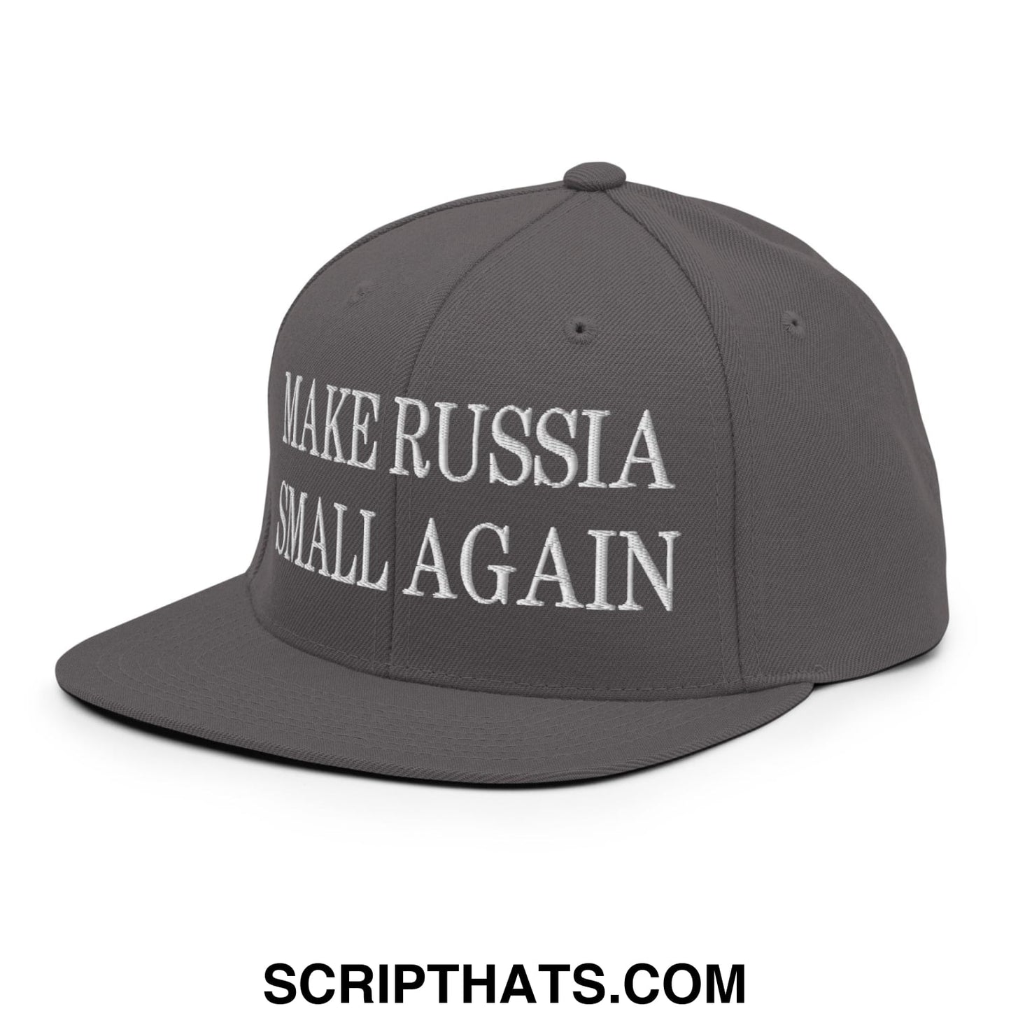 Gray snapback hat with white embroidered make Russia small again text and flat bill brim design