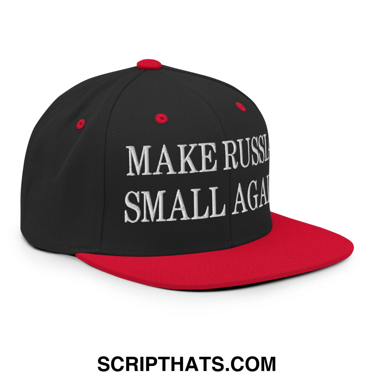 Black and red snapback hat with white embroidered make russia small again text and flat bill brim