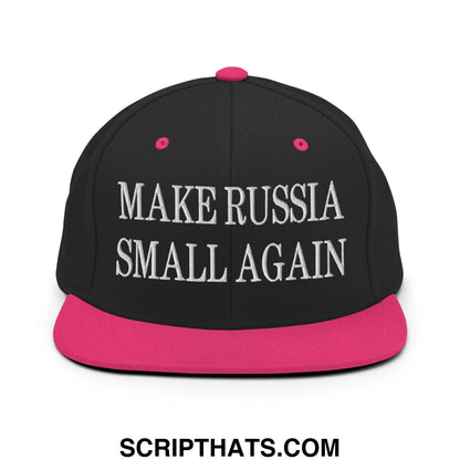 Black snapback cap with vibrant pink brim and white embroidered make russia small again text flat bill hat