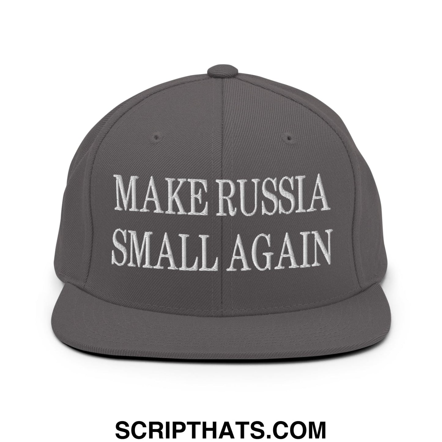 Gray snapback hat with white embroidered make russia small again text and flat bill brim for casual wear