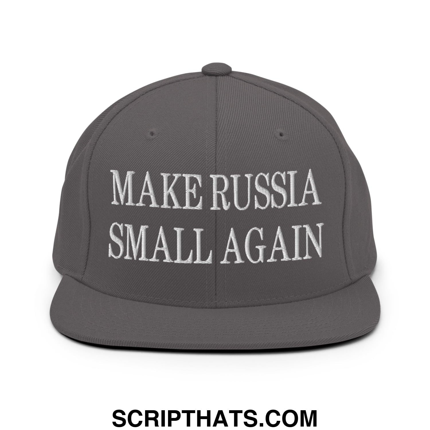 Gray snapback hat with white embroidered make russia small again text and flat bill brim for casual wear