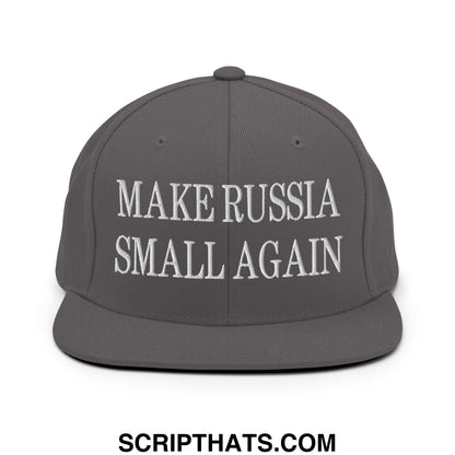 Gray snapback hat with white embroidered make russia small again text and flat bill brim for casual wear