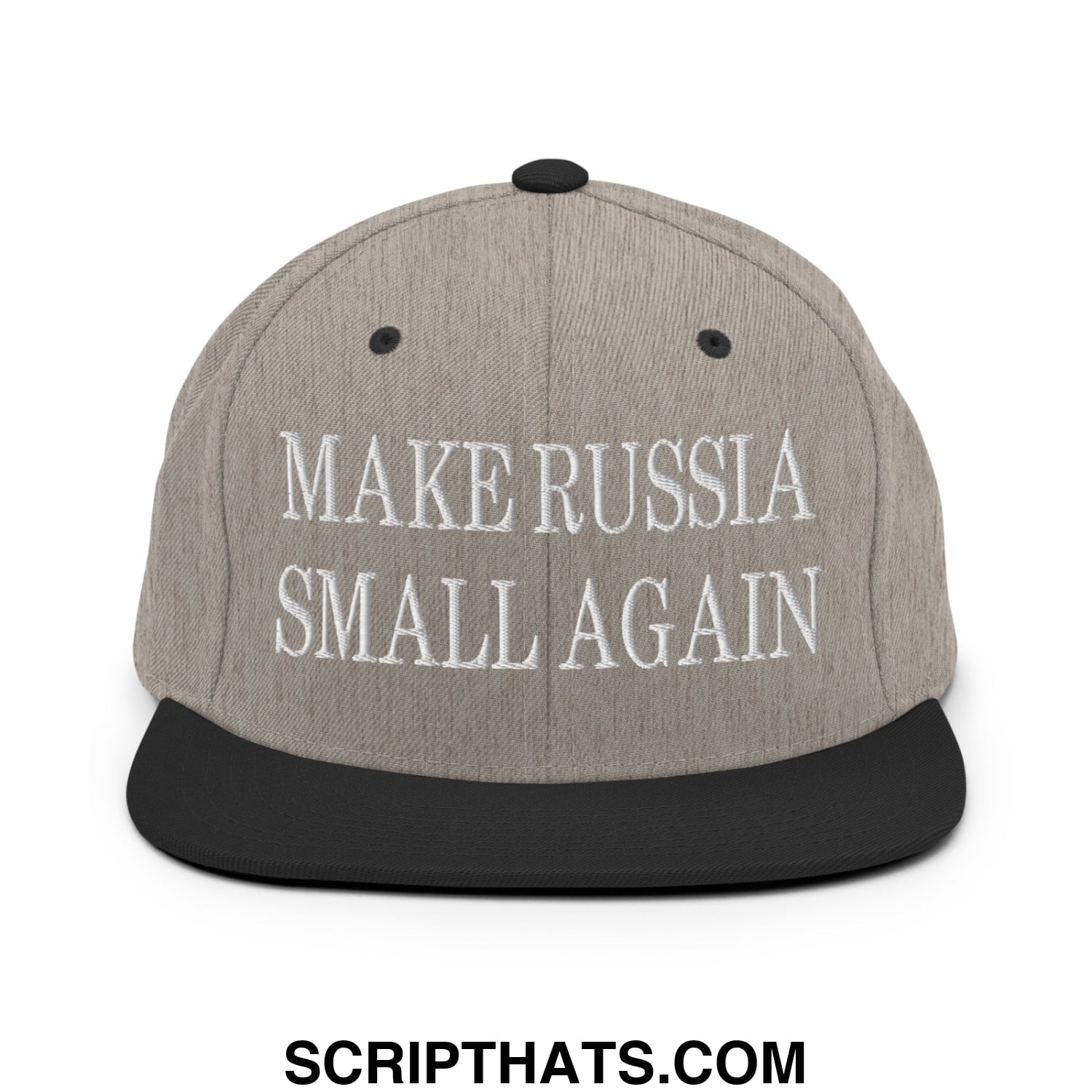 Gray snapback hat with black brim and embroidered white text reading make russia small again flat bill design