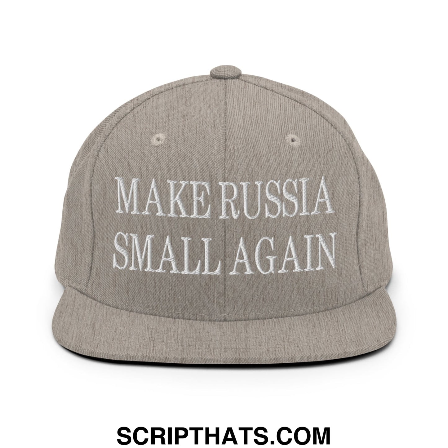 Gray snapback hat with white embroidered text make russia small again featuring a flat bill brim design