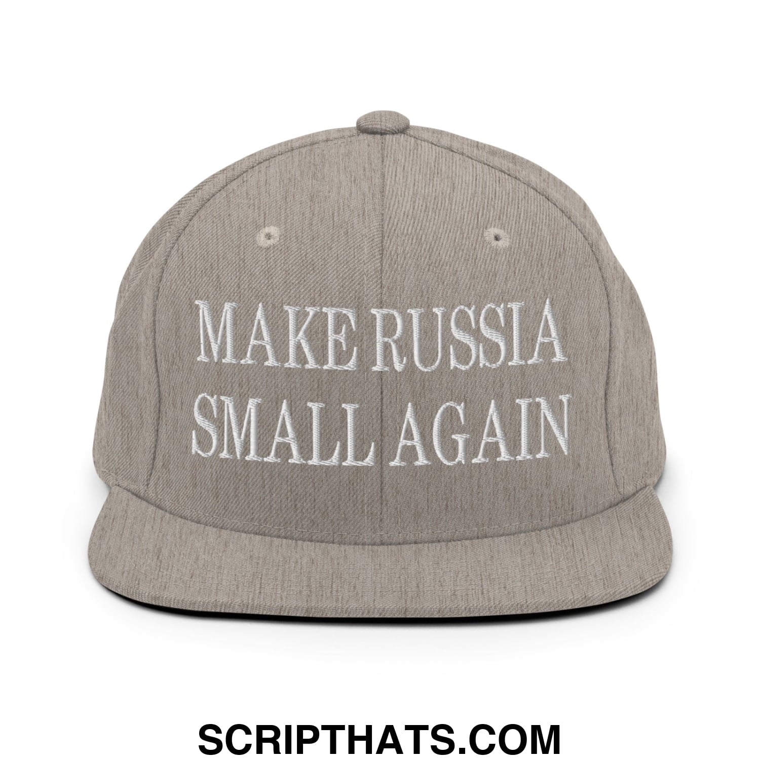 Gray snapback hat with white embroidered text make russia small again featuring a flat bill brim design