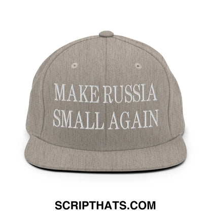 Gray snapback hat with white embroidered text make russia small again featuring a flat bill brim design