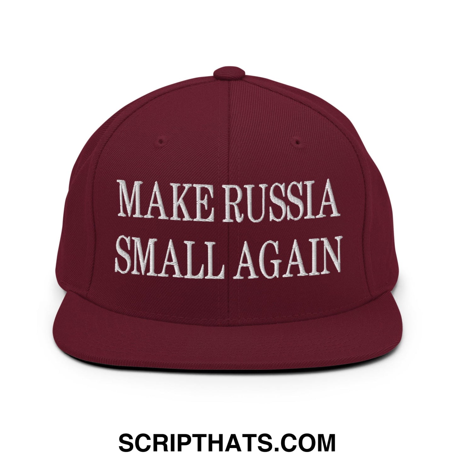 Maroon snapback cap with white embroidered text make russia small again flat bill brim for casual wear
