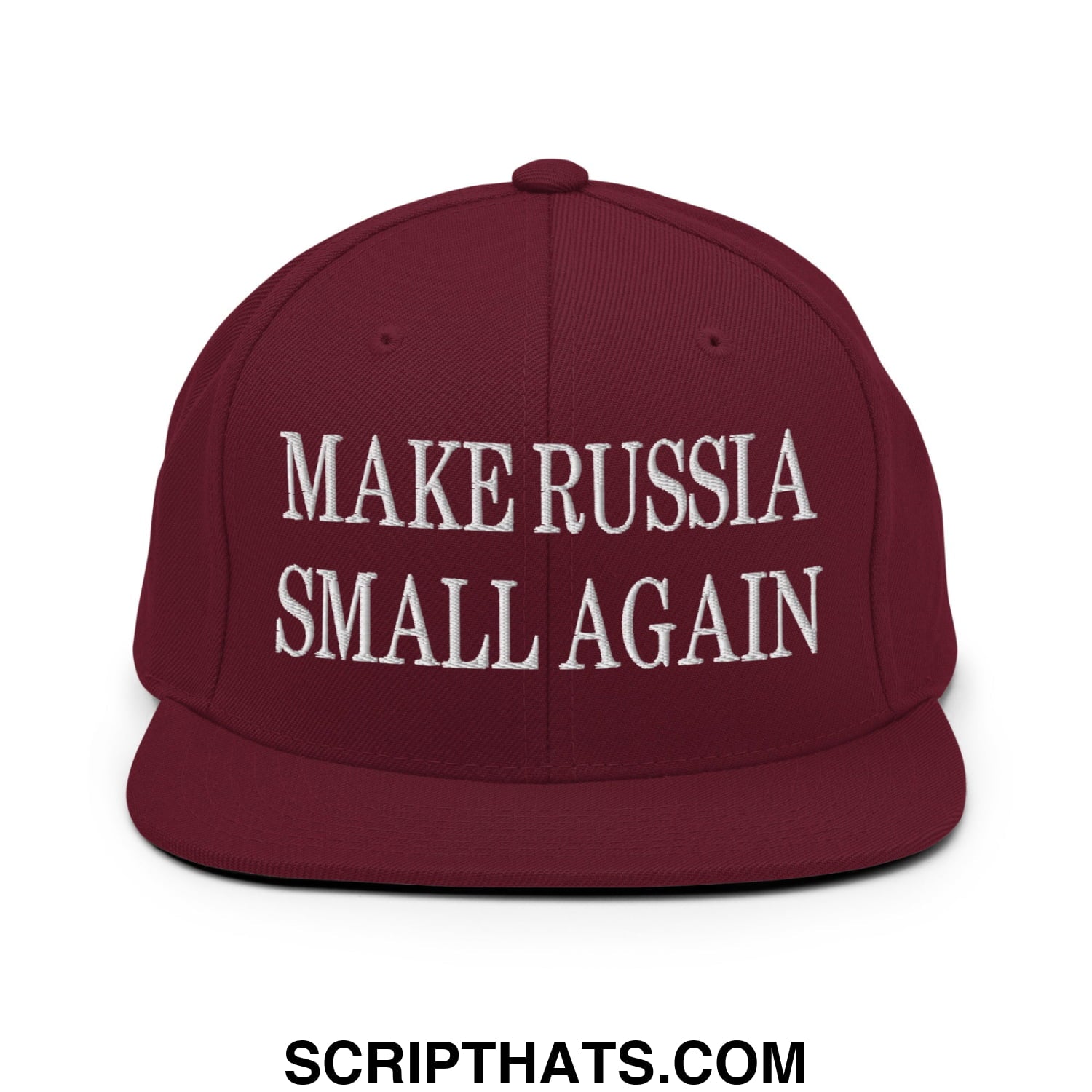 Maroon snapback cap with white embroidered text make russia small again flat bill brim for casual wear