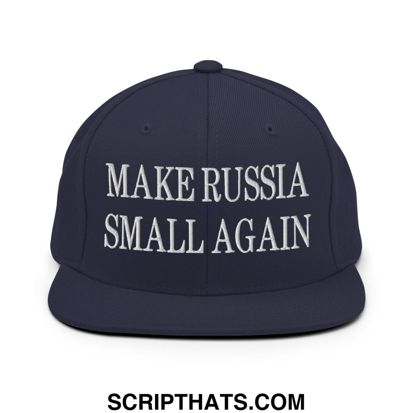 Navy blue snapback hat with flat bill and white embroidered text make russia small again on front
